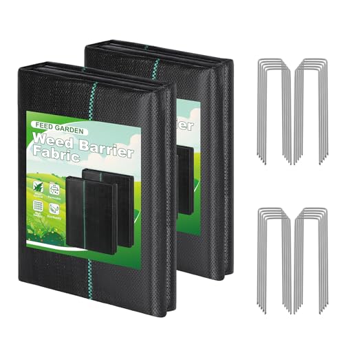 FEED GARDEN 3FT x 100FT Landscape Fabric Weed Barrier Fabric Heavy Duty Weed Control Mat Weed Blocker Ground Cover Geotextile Fabric for Gardening with 20 U-Shaped Stakes (2 Pack 3x50FT)