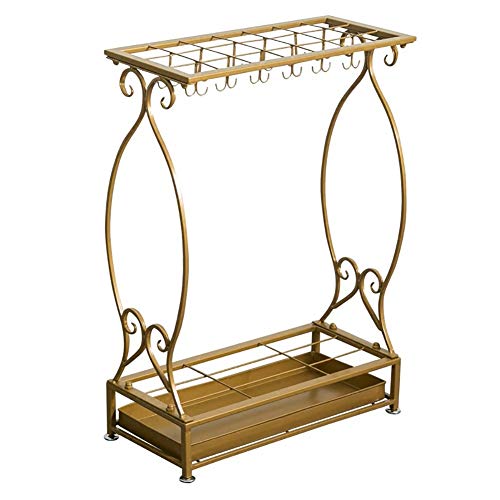 QTQHOME Paragüero de Hierro Fundido Dorado Mate con Ganchos y Bandeja de Goteo Bastón para bastón Cuadrado (Tamaño:S)