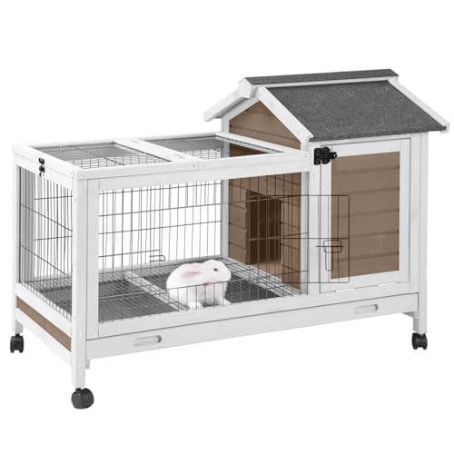 Wooden Rabbit Hutch Indoor and Outdoor Rabbit Cage with Removable Wire Netting and Leak Proof Tray Mobile Bunny Cage with Wheels (Brown)
