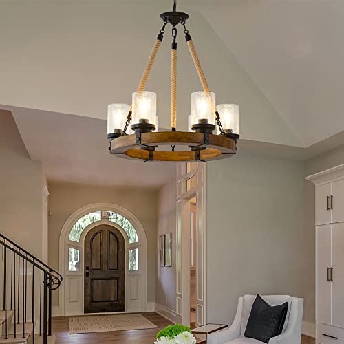 Farmhouse 6-Light Wood Wagon Wheel Chandelier With Glass Shade For Dining Room, Hemp Rope Round Light Fixture For Kitchen Island, 21'' Dia #TOP1