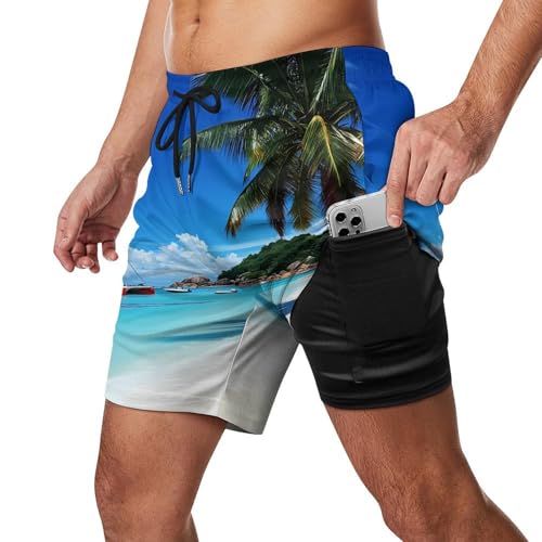 Praslin Island Surfing Beach Scenic View Mens Swim Trunks Quick Dry Beach Board Shorts with Pockets2