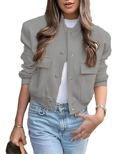Zontroldy Women's Cropped Casual Long Sleeve Varsity Jacket Bomber Jackets Y2k Streetwear Shacket with Pockets