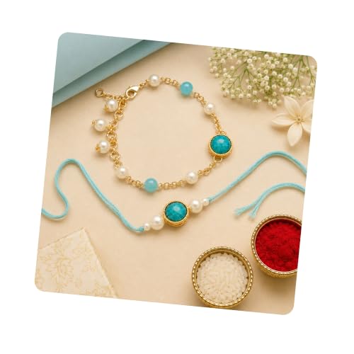 Image of I Jewels Designer Kundan Pearl beaded Bhaiya Bhabhi Lumba Rakhi Bracelet Combo Set With Roli Chawal & Rakshabandhan Greeting Card