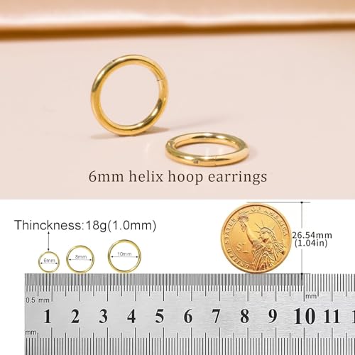 Small Gold Hoop Earrings, Lightweight 14K Gold Plated Huggie Hoop Earrings for Cartilage Helix Tragus, Hypoallergenic Earrings for Women Men, Tiny Thin Hoops Surgical Steel Endless Hoops Earrings 6-10 mm3