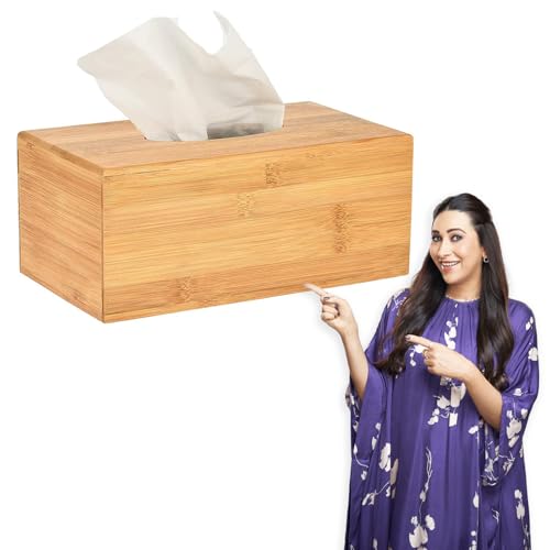 Image of HOKIPO Bamboo Wooden Tissue Paper Holder Box, Rectangular, 22.5 x 11.5 x 8 cm