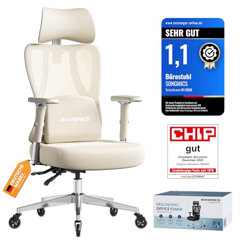 SONGMICS Bürostuhl ergonomisch Schreibtischstuhl Gaming-Stuhl verstellbare Lenden- Kopfstütze Armlehnen für Verschiedene Körpergröße bis zu 150 kg belastbar Kamelbraun- wolkenweiß OBN067LJ01