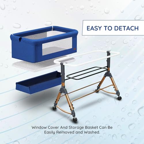 Image of Baby Comfortable 6-in-1 Baby Cot, Crib, Bedside Bassinet, Adjustable Height, Mosquito Net, Storage Basket, Wheels, and Mattress | Easy Folding, Unique Design-Blue | Breathable Cloth