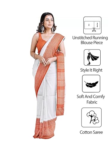 Image of eC ESHA'S COLLECTION Women's Cotton Blend Begumpuri Handloom Saree With Unstitched Running Blouse Piece
