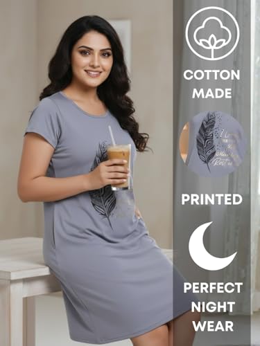 Image of White Moon Cotton Printed Nighty for Women's | Night Gown | Printed Nighty for Girls | Nightdress | Nighty for Women | Sleepwear | Ladies Nighty | Nighties | Premium Soft Cotton Nighty Women