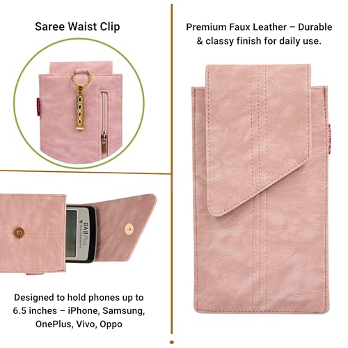 Image of Tickles Fancy Artificial Vegan Leather Mobile Pouch with Waist Clip Saree Hook for Girls Women (Color: Pink) (Suitable for Mobile Sizes: Below 6.5 Inches)