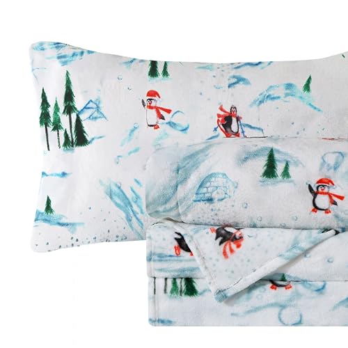 Elegant Comfort Luxuriously Soft 4-Piece Holiday Velvet Plush Flannel Sheet Set - Premium Quality - Cozy Warm, Christmas Fuzzy Velvet Flannel Fleece Deep Pocket Sheet Set - Full, Skiing Penguins