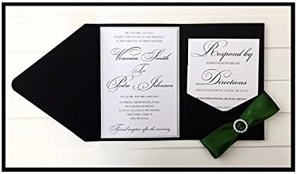 Pocketfold Wedding Invitations, Pocket Fold Invitation with Green ribbon and rhinestone buckle