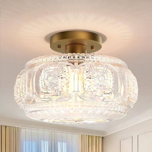 OYKYOHEI Semi Flush Mount Ceiling Light, Upgraded Larger Gold Glass Ceiling Light Fixture, Vintage Lighting for Hallway Kitchen Bedroom Dining Room, Bulb Not Included