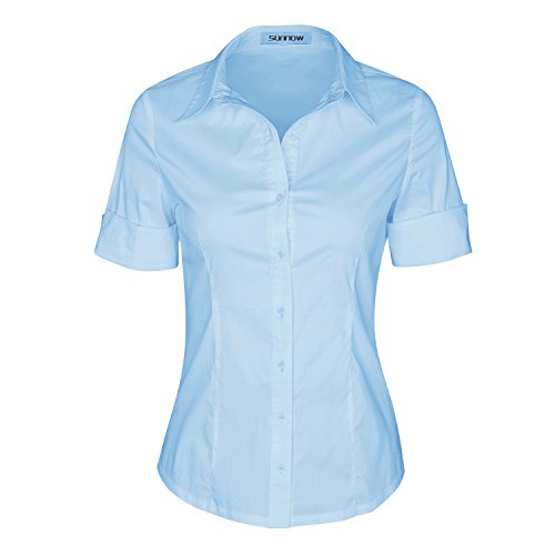 SUNNOW Womens Tailored Short Sleeve Basic Simple Button-Down Shirt with Stretch (L, Blue)