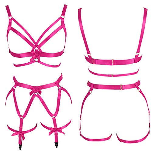 Full Body Harness Bra Women's Chest Strap Lingerie Cage Set Leg Garter Belt Festival Rave Plus Size Goth Punk Stretchy Fabric (Rose Red) #TOP1