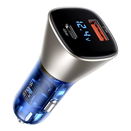Zigarettenanzünder USB, 72W Auto Ladegerät PD 45W & 27W QC 3.0 KFZ Ladegerät Dual Port Mini Metall durchscheinend Autoladegerät Adapter mit LED Voltmeter für iPhone, Samsung, Huawei, iPad Pro, Laptop Cover