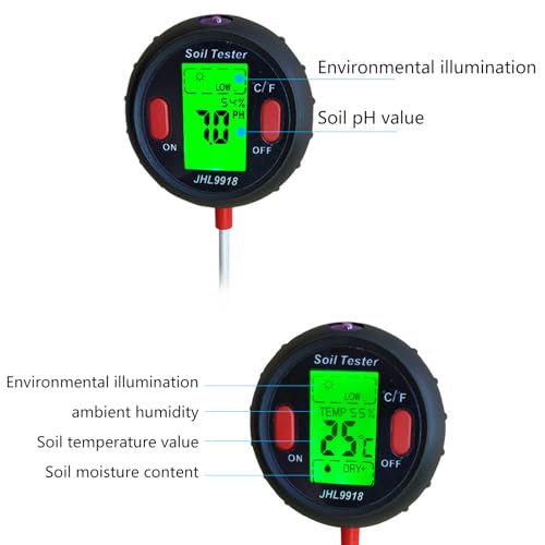 Testeur de sol 5 en 1 de jardinage avec écran LCD rétroéclairé complet