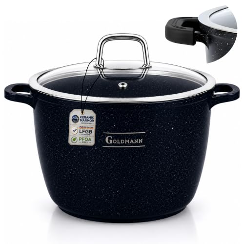 GOLDMANN Kochtopf Aluguss/Suppentopf, 28 cm, 10L, antihaftbeschichtete Keramik in Marmoroptik, Glasdeckel, geeignet für Induktion und alle Herdarten, ofenfest und PFOA-frei