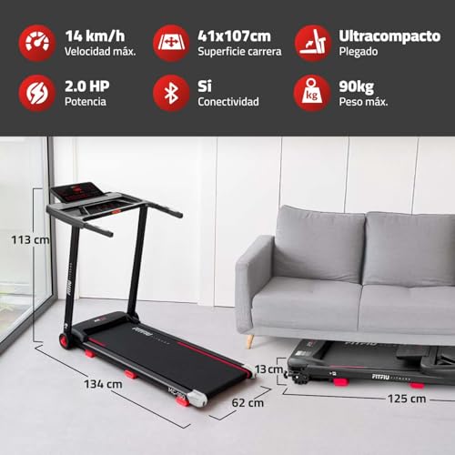 Cinta de Correr Plegable con Inclinación 9% FITFIU Fitness 4 en 1 Velocidad Ajustable 14 Km/h con Conectividad App y Frecuencia Cardíaca Soporte para Tablet Walking Pad Compacta MC-160