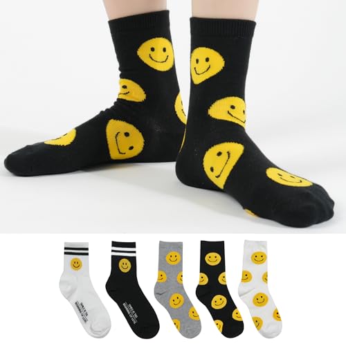 Kikiya Women's Cotton Crew Socks - Cute Smiley Face Funny Bow Fruit Graphic Crazy Animal - Ladies Girls Casual Socks Size 6-82