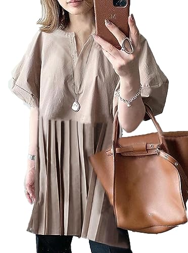 [DYIOPMFGZ] レディース シャツ tシャツ ブラウス トップス カットソー プルオーバー とろみシャツ プリーツ チュニック ギャザー フリル ティアード 夏服 フレア シャーリング パフスリーブ 半袖 Vネック ボリューム袖 カジュアル 夏 (カーキ,L,L)のサムネイル