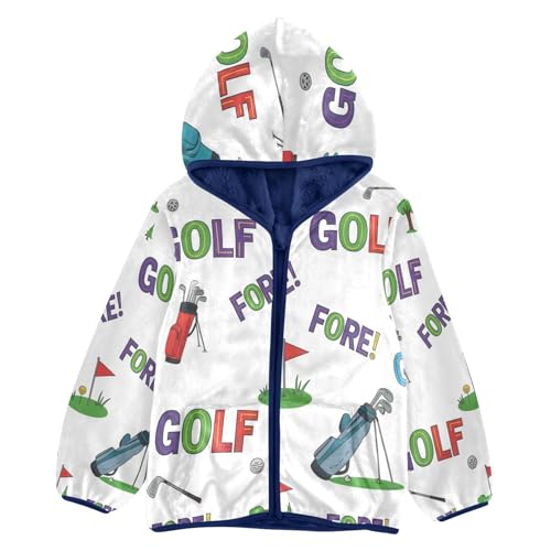 Golf Themed Pattern Prints Toddler Fleece Jacket Girl Boys Hooded Fleece Jacket Coat Warm Outwear Zip-up 3-10T