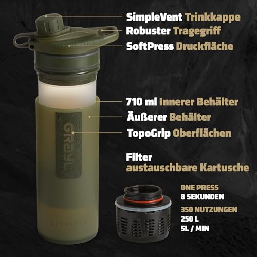 Foto von GRAYL GeoPress 710ml Outdoor Wasserfilter Trinkwasser I Eliminiert 99,99% aller Bakterien und Viren I Perfekt für Camping, Survival und Reisen (Olive Drab)