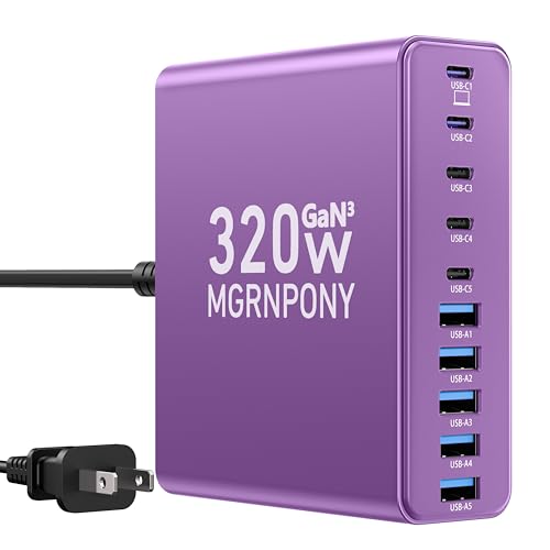 Image of 320W USB C Charger Block, MGRNPONY 10-Port GaN USB C Charging Station | PD 65W Laptop Fast Charger Adapter for MacBook Pro /Air, DELL, iPad, iPhone, Samsung Galaxy(Purple)