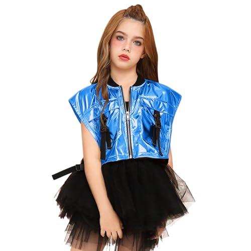 Image of Perfashion Girls Vest Cropped Cargo Metallic Jacket Buckle Zip Up With Pockets Streetwear Outfit 4-13Y
