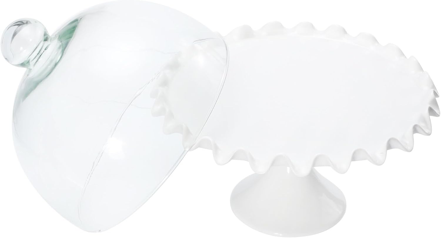 Glass Dome Cover with 250mm Ceramic round Cake Plate, Lead-free Food Display Case, Dustproof Cake Storage Serving Tray for Kitchen and Dining