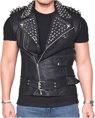 Mens Rockstar Punk Stud Leather Vest | Motorbike Brando Style Slimfit Leather Jacket