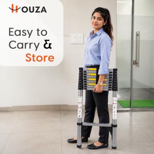 Image of HOUZA 3.9m (13 ft) Steel Telescopic Ladder | 10-Step Foldable Extension Ladder | Portable & Collapsible Ladder for Home, Industrial & Outdoor Use | EN131 Certified | 1 Year Warranty(Silver & Black)