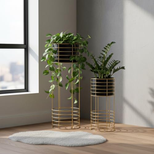 Image of Metal Floor Planter with Stands (Set of 2), Modern Tall Planter for Home Decor, Decorative Plantpot for Living Room Balcony Office, Big Plant Stand with Pots (Plants not Included) (Black Pot & Gold Stand)