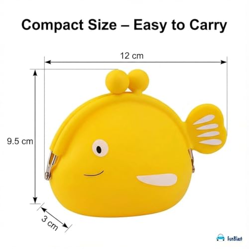 Image of FunBlast Cute Fish Shape Silicone Coin Purse for Kids & Adults - Mini Pouch for Coins, Earphones, Keys & Small Essentials, Aesthetic Pouches for Girls & Women - 12 X 9.5 X 3 Cm (Yellow)