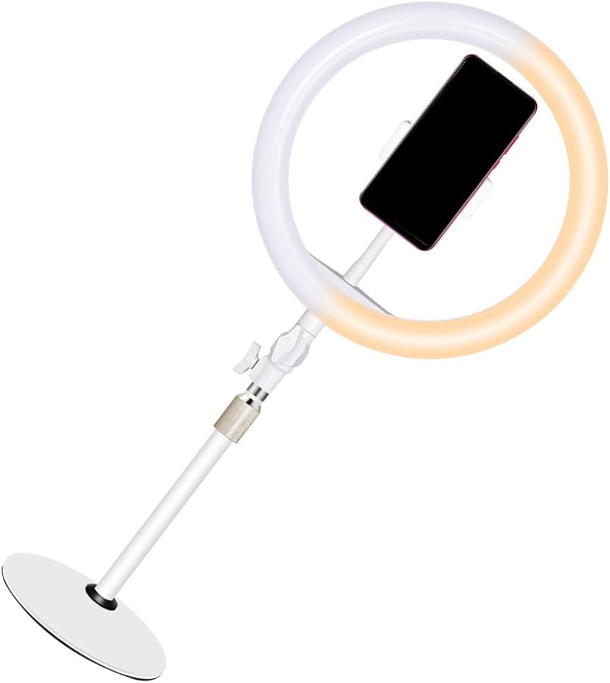jojofuny 10-inch Adjustable LED Selfie Lamp with Telescopic Desktop Stand for Live Streaming and Video Recording, White Beauty Filling Light Compatible with Smartphones