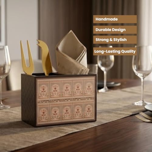 Image of Home Sparkle Engineered Wood Cutlery Holder with Napkin Rack - Multipurpose Spoon Stand & Kitchen Organizer Rack for Dining Table, Restaurant & Countertop - Brown Finish (B10V48)