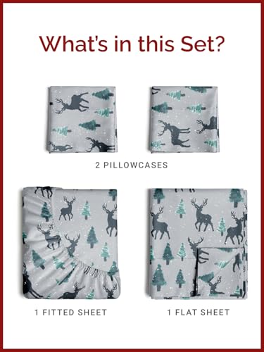 Full Christmas Reindeer Sheet Set - Holiday Xmas Pattern Bedding Set - Deep Pockets - Snug Fit - 4 Piece - Wrinkle Free & Easy Care - Comfy Festive Winter - Holiday Sheets for Women, Men, Kids & Teens