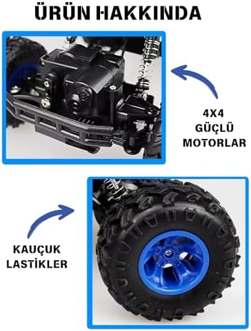 Giffy / 1:16 Ölçek 4x4 Uzaktan Kumandalı Rock Crawler Off Road Aracı 4 Çeker Şarjlı 20 Dk Kullanım Kırmızı Ve Mavi Oyuncak Off Road Araba (Mavi) - Görsel 6