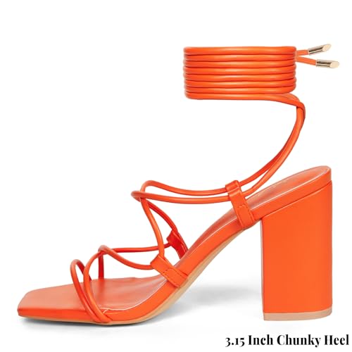 Elisabet Tang Square Toe Strappy Chunky Heels Sandals, 3 inch Women's Lace Up Low Block Heels Ankle Wrap Heels Square Open Toe Tie Up Heeled Sandals for Wedding Dress Shoes4