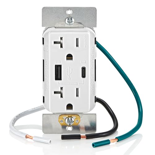 Image of Leviton T5834-W 60W (20V@2.5A+ 5V@2A) USB Dual Type A /Type-C Power Delivery in-Wall Charger with 20A Tamper-Resistant Outlet, USB Charger for Smartphones, Tablets, Laptops, White