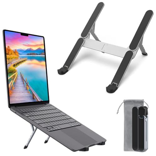 Image of Foldable Aluminum Laptop Stand | 8 Level Adjustable Height Portable Ergonomic Riser with Heat Dissipation Design | Compatible for MacBook, HP, Dell, Acer & Laptops Upto 15.6 Inch (Silver)