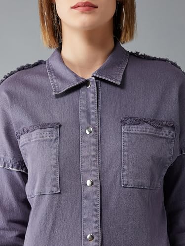 Image of Miss Chase Women's Polo Neck Full Sleeves Patch Pocket Denim Overcoat Knee-Length Jacket