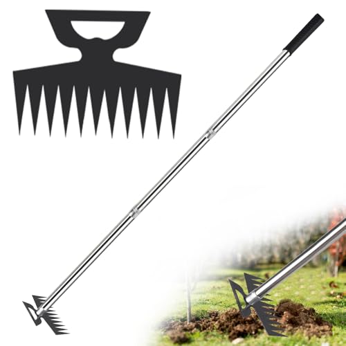 ROLKAR Weed Puller Picker Tool Scuffle Hoe Rake, Hand Tiller Small for Planting, Grass Weeder Dandelion Uprooting Remover, Standing Cultivator for Flower Garden Beds Lawns Yard Weeding and Leveling
