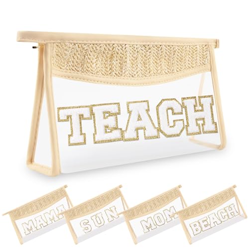 UIXIZQ Small Boho Straw Clear Makeup Bags for Women&Girls, Zipper Cosmetic Bag Chenille Varsity Letter Patch Bag, Preppy Cute Toiletry Pouch, Trendy Organizer Storage Bag for Beach Travel, Beige Teach