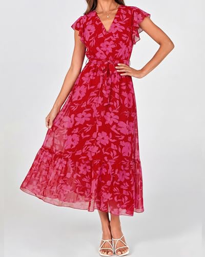 Image of BTFBM Women Summer Bohemian Floral Casual Wrap V Neck Ruffle Cap Sleeveless Belt A-Line Pleated Hem Midi Sun Dress White