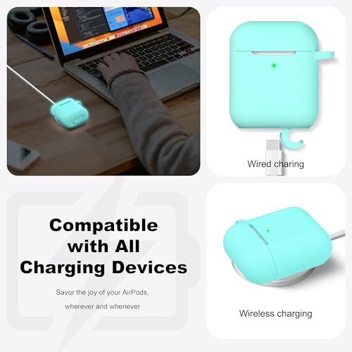Image of AirPods Case Cover with Keychain, Full Protective Silicone AirPods Accessories Skin Cover for Women Men Girl Boy with Apple AirPods Wireless Charging Case,Front LED Visible-Glow Blue