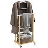 HOMCOM Galán de Noche de Bambú, Perchero con Ruedas, Colgadores de Ropa,...