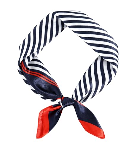 GERINLY Sailor Scarf with Red Blue White Stripe Silk Navy Neckerchief for Yacht Party Flight Attendant Scarf(NavyRed)