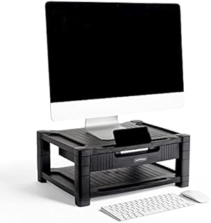 VonHaus - Plastic Monitor Riser - Height Adjustable Monitor Stand with Storage Drawer for Desks - Includes Phone/Tablet Slot - Screen Riser for Computers, Laptops, Printers and TVs - 20Kg Capacity