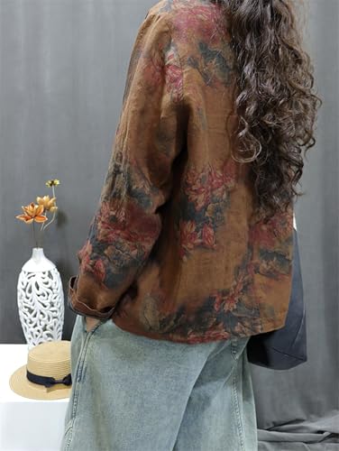 Women's Retro Linen Oversized Blouses Chinese Loose fit Floral Pattern Jackets Traditional Frog Button Stand Collar Shirts3